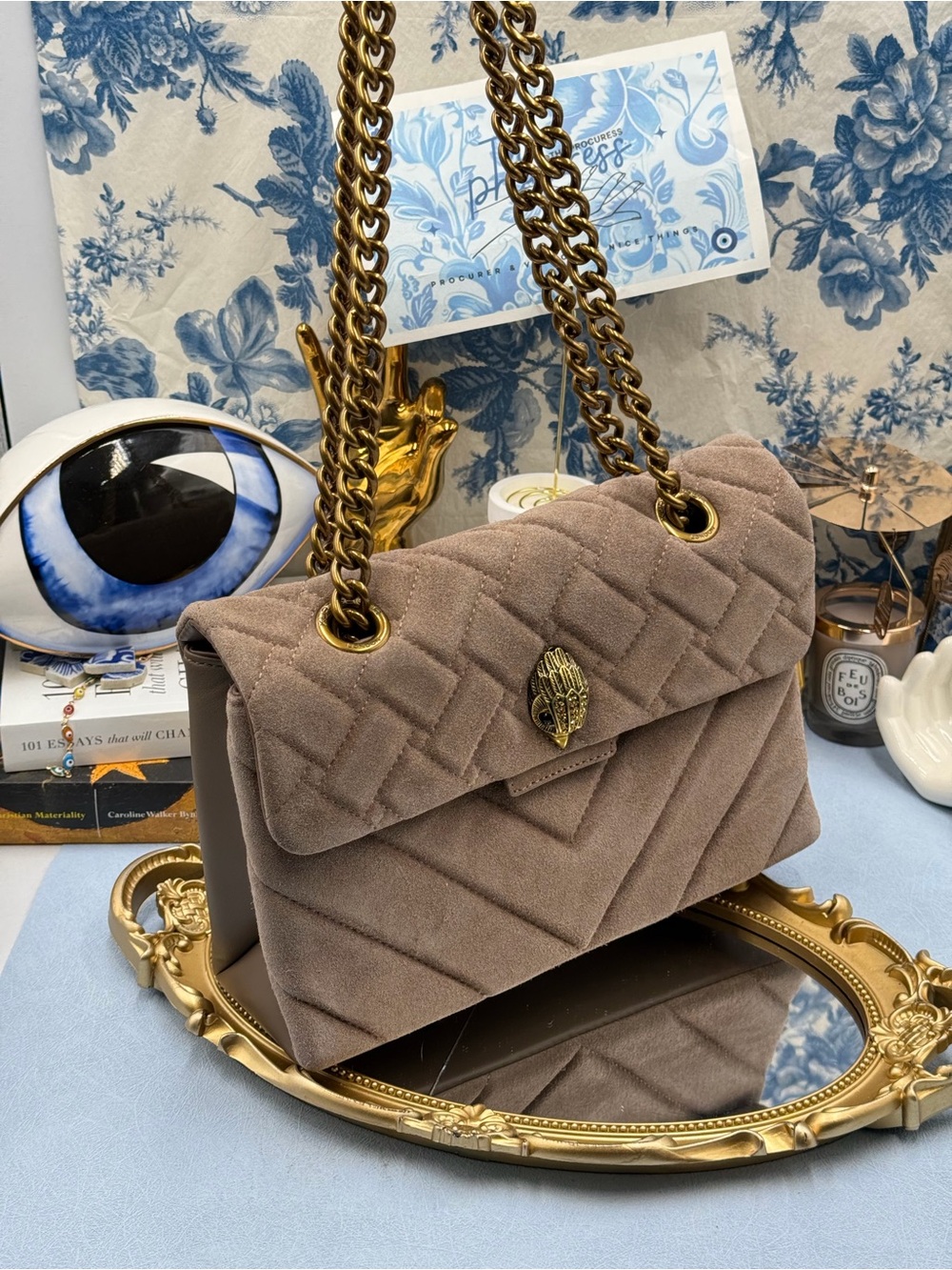 🆕 KURT GEIGER LONDON 🧿 NWOT Suede & Leather Kensington Shoulder Bag, Taupe